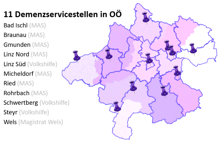 Karte von OÖ mit Pins, wo sich die Servicestellen befinden